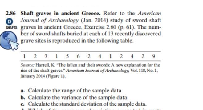 2.86 Shaft graves in ancient Greece. Refer to the American
O Journal of Archaeology (Jan. 2014) study of sword shaft
SHAFTS graves in ancient Greece, Exercise 2.60 (p. 61). The num-
ber of sword shafts buried at each of 13 recently discovered
grave sites is reproduced in the following table.
1 2 3 1 5 6 2 4 1 2 4 29
Source: Harrell, K. "The fallen and their swords: A new explanation for the
rise of the shaft graves." American Journal of Archaeology, Vol. 118, No. 1,
January 2014 (Figure 1).
a. Calculate the range of the sample data.
b. Calculate the variance of the sample data.
c. Calculate the standard deviation of the sample data.
wi