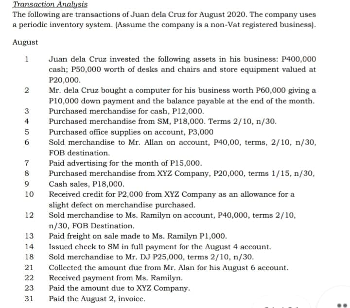 Transaction Analysis
The following are transactions of Juan dela Cruz for August 2020. The company uses
a periodic inventory system. (Assume the company is a non-Vat registered business).
August
Juan dela Cruz invested the following assets in his business: P400,000
cash; P50,000 worth of desks and chairs and store equipment valued at
1
P20,000.
Mr. dela Cruz bought a computer for his business worth P60,000 giving a
P10,000 down payment and the balance payable at the end of the month.
Purchased merchandise for cash, P12,000.
4
Purchased merchandise from SM, P18,000. Terms 2/10, n/30.
Purchased office supplies on account, P3,000
Sold merchandise to Mr. Allan on account, P40,00, terms, 2/10, n/30,
5
6.
FOB destination.
Paid advertising for the month of P15,000.
Purchased merchandise from XYZ Company, P20,000, terms 1/15, n/30,
7
8
9.
Cash sales, P18,000.
10
Received credit for P2,000 from XYZ Company as an allowance for a
slight defect on merchandise purchased.
Sold merchandise to Ms. Ramilyn on account, P40,000, terms 2/10,
12
n/30, FOB Destination.
Paid freight on sale made to Ms. Ramilyn P1,000.
13
14
18
Issued check to SM in full payment for the August 4 account.
Sold merchandise to Mr. DJ P25,000, terms 2/10, n/30.
21
Collected the amount due from Mr. Alan for his August 6 account.
Received payment from Ms. Ramilyn.
Paid the amount due to XYZ Company.
22
23
31
Paid the August 2, invoice.
