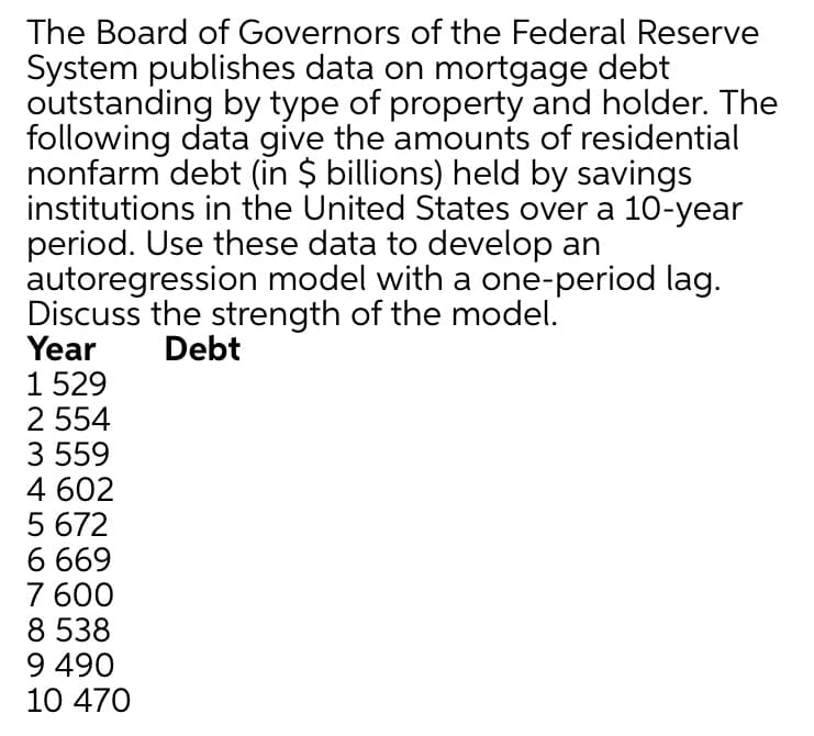 The Board of Governors of the Federal Reserve
System publishes data on mortgage debt
outstanding by type of property and holder. The
following data give the amounts of residential
nonfarm debt (in $ billions) held by savings
institutions in the United States over a 10-year
period. Use these data to develop an
autoregression model with a one-period lag.
Discuss the strength of the model.
Year
1 529
2 554
3 559
4 602
5 672
6 669
7 600
8 538
9 490
10 470
Debt
