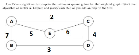 Use Prim's algorithm to compute the minimum spanning tree for the weighted graph. Start the
algorithm at vertex A. Explain and justify each step as you add an edge to the tree.
A
7
4
в
D
3
