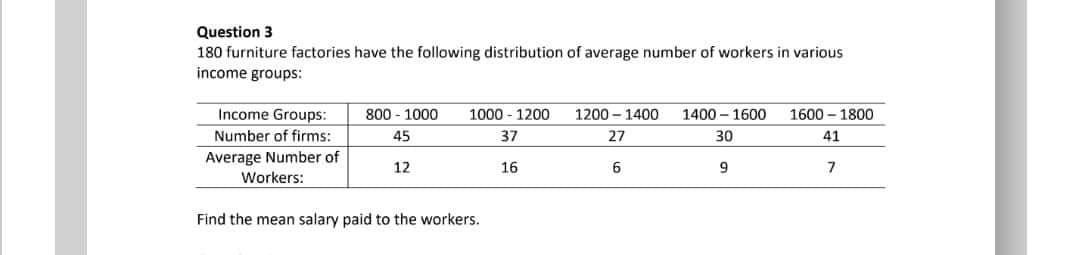 Question 3
180 furniture factories have the following distribution of average number of workers in various
income groups:
Income Groups:
800 - 1000
1000 - 1200
1200 - 1400
1400 – 1600
1600 – 1800
Number of firms:
45
37
27
30
41
Average Number of
Workers:
12
16
6.
9
7
Find the mean salary paid to the workers.

