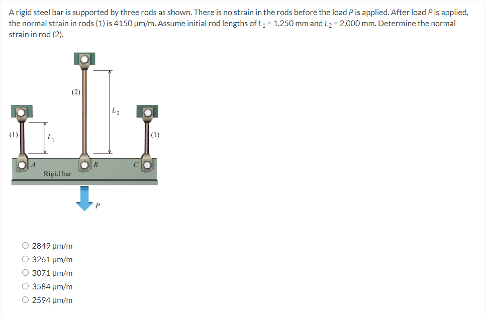 A rigid steel bar is supported by three rods as shown. There is no strain in the rods before the load P is applied. After load P is applied,
the normal strain in rods (1) is 4150 μm/m. Assume initial rod lengths of L₁ = 1,250 mm and L2 = 2,000 mm. Determine the normal
strain in rod (2).
(1)
4₁
Rigid bar
(2)
O 2849 μm/m
O 3261 µm/m
O 3071 µm/m
O 3584 µm/m
O 2594 μm/m
B
P
L₂
C
(1)