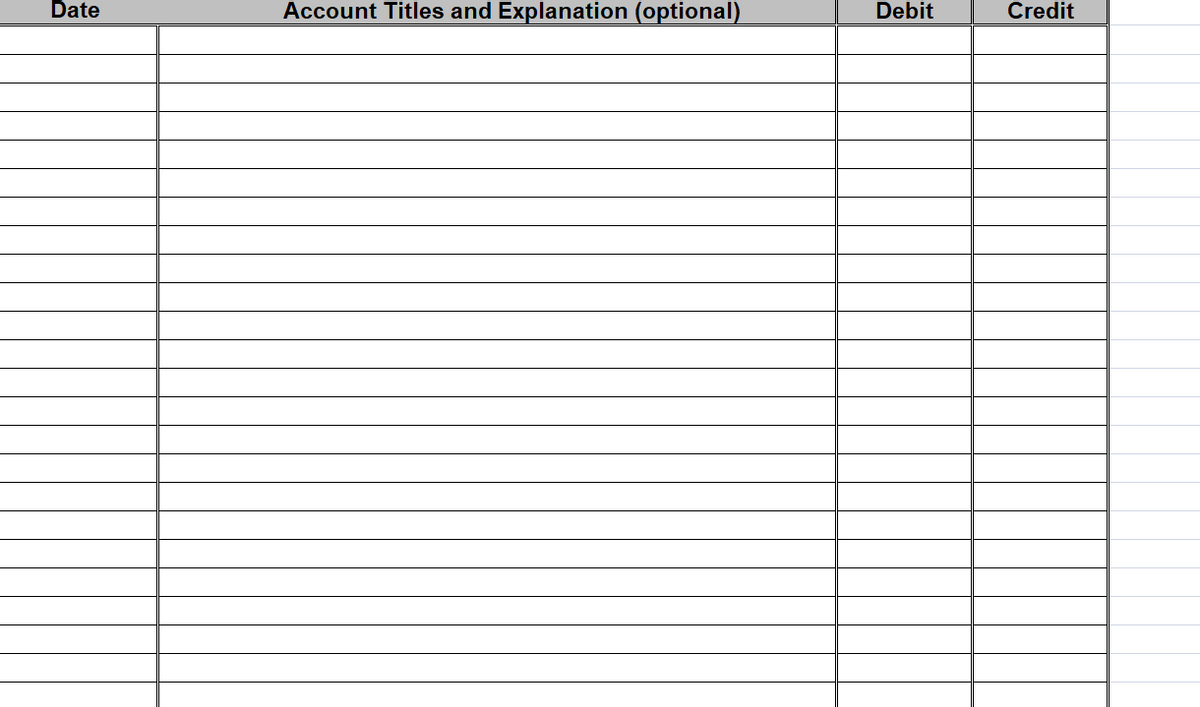 Date
Account Titles and Explanation (optional)
Debit
Credit
