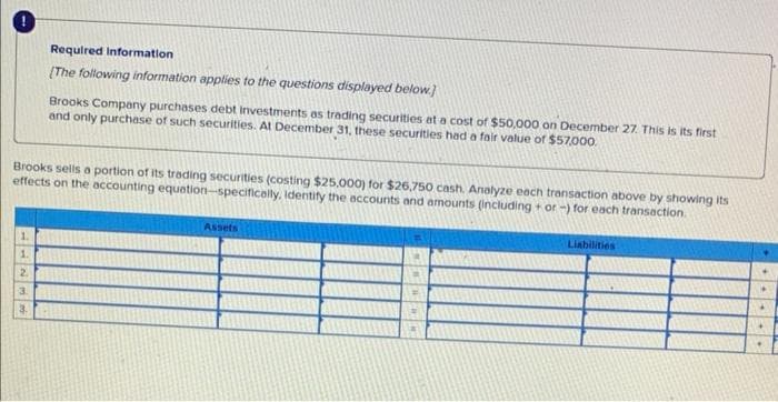 1.
2.
Brooks sells a portion of its trading securities (costing $25,000) for $26,750 cash. Analyze each transaction above by showing its
effects on the accounting equation-specifically, Identify the accounts and amounts (including + or -) for each transaction.
3
Required Information
(The following information applies to the questions displayed below.]
3.
Brooks Company purchases debt investments as trading securities at a cost of $50,000 on December 27. This is its first
and only purchase of such securities. At December 31, these securities had a fair value of $57,000.
Assets
Liabilities