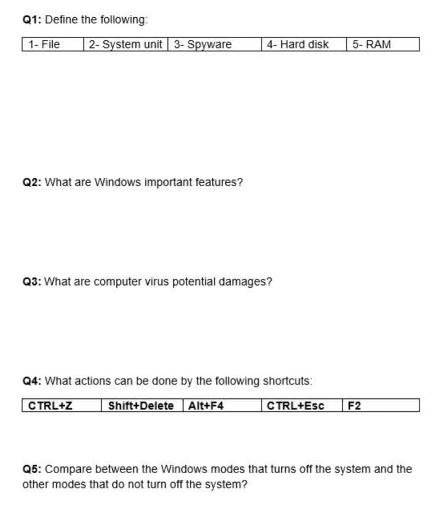 Q1: Define the following:
1- File
2- System unit 3- Spyware
4- Hard disk
5- RAM
Q2: What are Windows important features?
Q3: What are computer virus potential damages?
Q4: What actions can be done by the following shortcuts:
CTRL+Z
Shift+Delete
Alt+F4
C TRL+Esc
F2
Q5: Compare between the Windows modes that turns off the system and the
other modes that do not turn off the system?
