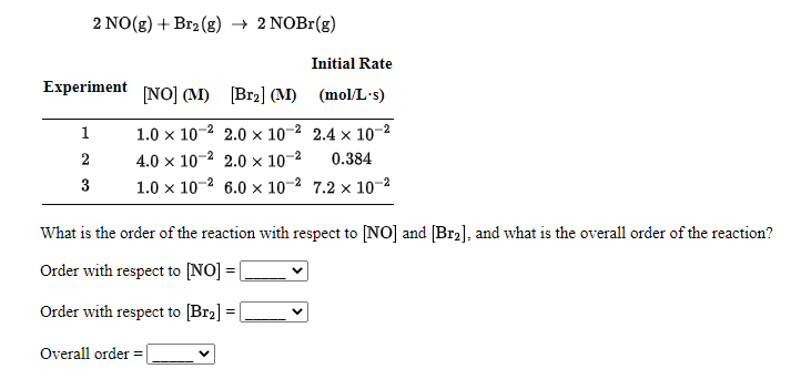 2 NO(g) + Br2 (g) → 2 NOB1(g)
Initial Rate
Experiment NO] (M) [Br2] (M) (mol/L's)
1
1.0 x 10-2 2.0 × 10-2 2.4 x 10-2
2
4.0 x 10-2 2.0 × 10-2
0.384
3
1.0 x 10-2 6.0 x 10-2 7.2 x 10-2
What is the order of the reaction with respect to [NO] and [Br2], and what is the overall order of the reaction?
Order with respect to [NO] =
Order with respect to [Br2] =
Overall order
