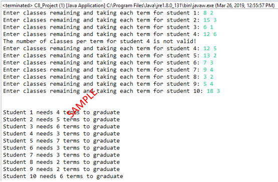 <terminated> C8_Project (1) [Java Application] C:\Program Files\Javaljre1.8.0_131\bin\javaw.exe (Mar 26, 2019, 12:55:57 PM)
Enter classes remaining and taking each term for student 1: 8 2
Enter classes remaining and taking each term for student 2: 15 3
Enter classes remaining and taking each term for student 3: 6 1
Enter classes remaining and taking each term for student 4: 12 6
The number of classes per term for student 4 is not valid!
Enter classes remaining and taking each term for student 4: 12 5
Enter classes remaining and taking each term for student 5: 13 2
Enter classes remaining and taking each term for student 6: 7 3
Enter classes remaining and taking each term for student 7: 9 4
Enter classes remaining and taking each term for student 8: 3 2
Enter classes remaining and taking each term for student 9: 5 4
Enter classes remaining and taking each term for student 10: 18 3
AMPLE.
Student 1 needs 4 tess to graduate
Student 2 needs 5 terms to graduate
Student 3 needs 6 terms to graduate
Student 4 needs 3 terms to graduate
Student 5 needs 7 terms to graduate
Student 6 needs 3 terms to graduate
Student 7 needs 3 terms to graduate
Student 8 needs 2 terms to graduate
Student 9 needs 2 terms to graduate
Student 10 needs 6 terms to graduate
