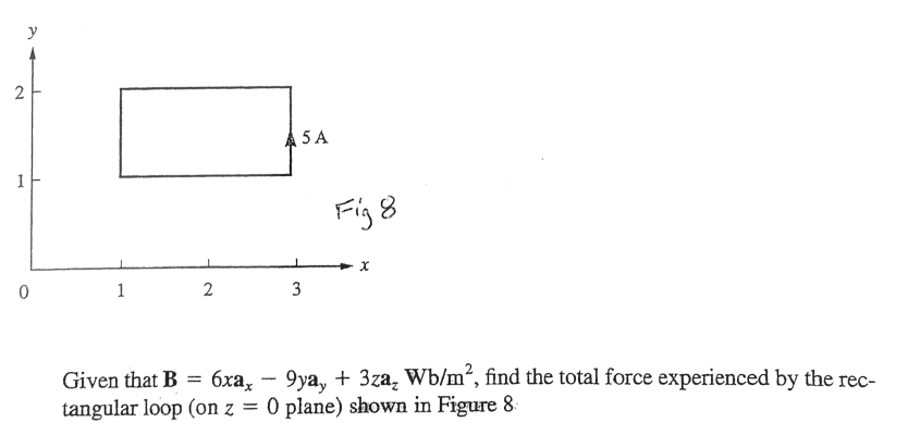 2
y
1
0
1
2
5 A
3
Fig8
Given that B = 6xa, - 9ya, + 3za, Wb/m², find the total force experienced by the rec-
tangular loop (on z = 0 plane) shown in Figure 8