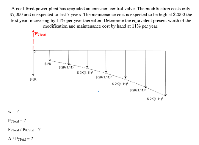 A coal-fired power plant has upgraded an emission control valve. The modification costs only
$5,000 and is expected to last 7 years. The maintenance cost is expected to be high at $2000 the
first year, increasing by 11% per year thereafter. Determine the equivalent present worth of the
modification and maintenance cost by hand at 11% per year.
OTotal
$ 2K
$ 2K(1.11)
$ 2K(1.11)2
$ 2K(1.11)
$ 5K
$ 2K(1.11)*
$ 2K(1.11)
$ 2K(1.11)6
w= ?
PoTotal = ?
F7Total / PoTotal = ?
A / PoTotal = ?
