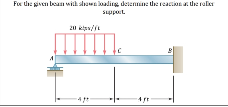 For the given beam with shown loading, determine the reaction at the roller
support.
20 kips/ft
C
B
A
- 4 ft -
- 4 ft -
