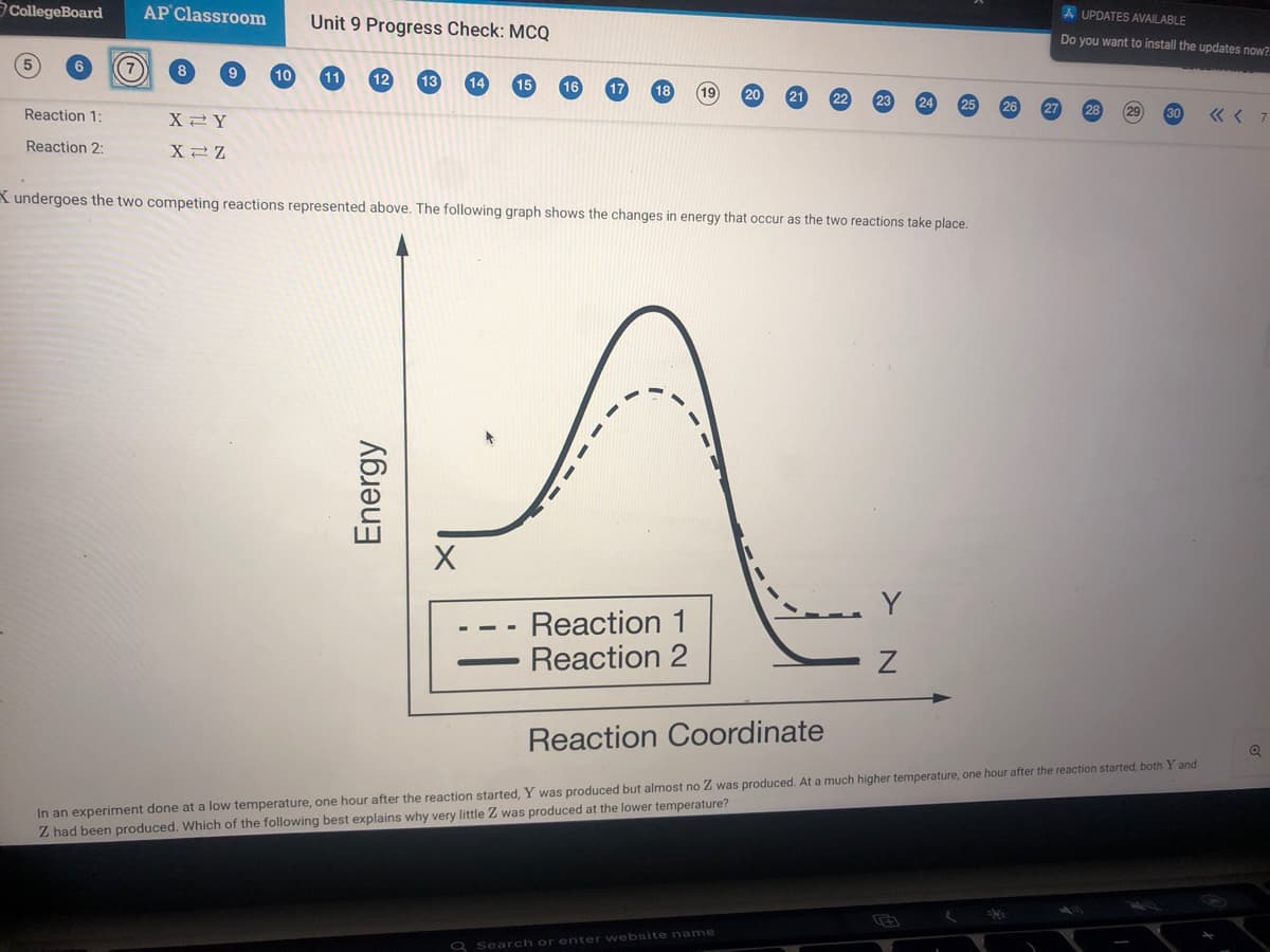 CollegeBoard
AP Classroom
A UPDATES AVAILABLE
Unit 9 Progress Check: MCQ
Do you want to install the updates now?
8
9
10
11
13
Reaction 1:
X2Y
30
Reaction 2:
K undergoes the two competing reactions represented above. The following graph shows the changes in energy that occur as the two reactions take place.
Y
Reaction 1
Reaction 2
Reaction Coordinate
In an experiment done at a low temperature, one hour after the reaction started, Y was produced but almost no Z was produced. At a much higher temperature, one hour after the reaction started, both Y and
Z had been produced. Which of the following best explains why very little Z was produced at the lower temperature?
O Search or enter website name
Energy
