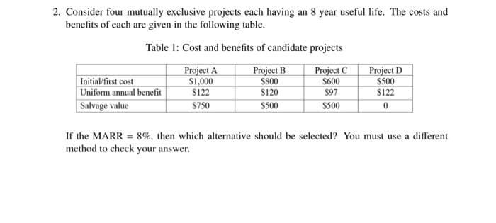 2. Consider four mutually exclusive projects each having an 8 year useful life. The costs and
benefits of each are given in the following table.
Table 1: Cost and benefits of candidate projects
Initial/first cost
Uniform annual benefit
Salvage value
Project A
$1,000
$122
$750
Project B
$800
$120
$500
Project C
$600
$97
$500
Project D
$500
$122
0
If the MARR= 8%, then which alternative should be selected? You must use a different
method to check your answer.