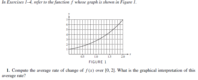 In Exercises 1-4, refer to the function f whose graph is shown in Figure 1.
6-
4
0.5
1.0
1.5
2.0
FIGURE 1
1. Compute the average rate of change of f(x) over [0, 2]. What is the graphical interpretation of this
average rate?
