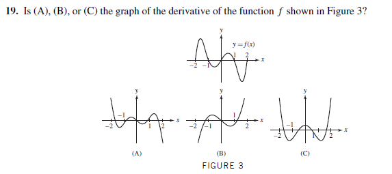 19. Is (A), (B), or (C) the graph of the derivative of the function f shown in Figure 3?
At
y =f(x)
(A)
(B)
FIGURE 3
