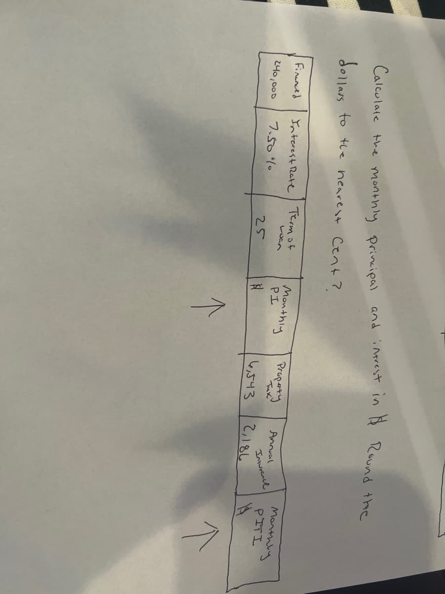 Calculate the monthly principal and interest in $ Round the
dollars to the nearest Cent?
Financed
240,000
Interest Rate Term of
Loan
7.50%
25
Monthly
PI
$1
↑
Property
Тих
4,543
Annual
Insurance
2,186
Monthly
PITI
↑