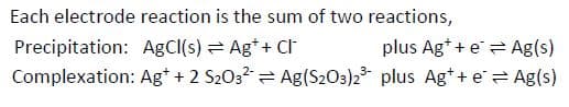 Each electrode reaction is the sum of two reactions,
Precipitation: AgCI(s) = Ag*+ CF
plus Ag*+ e = Ag(s)
Complexation: Ag* + 2 S2032 = Ag(S2O3)23 plus Ag*+ e = Ag(s)
