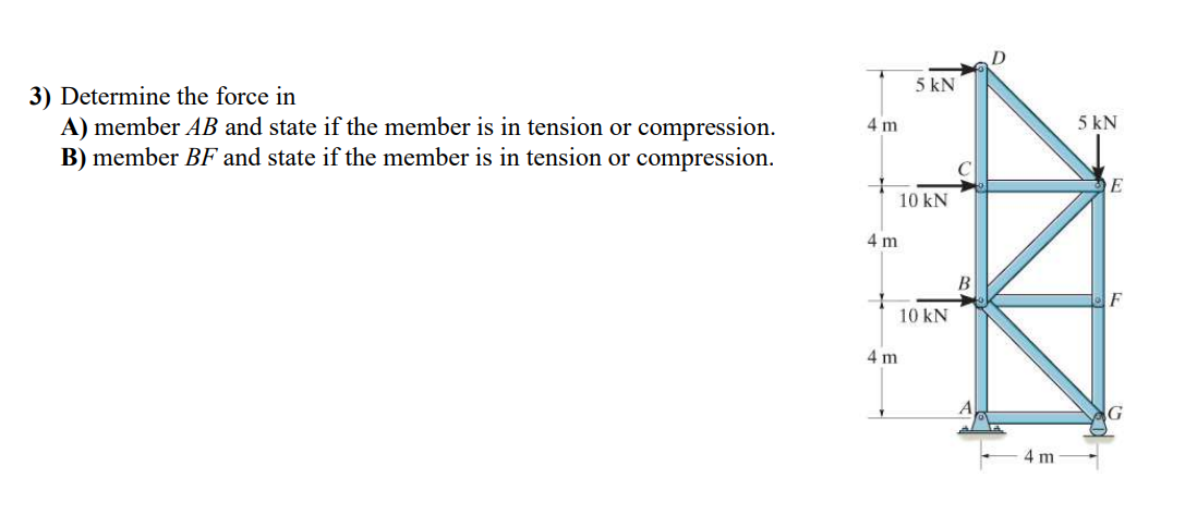 3) Determine the force in
A) member AB and state if the member is in tension or compression.
B) member BF and state if the member is in tension or compression.
4 m
4 m
H
10 kN
5 kN
10 kN
4 m
B
4 m
5 kN
E
G
