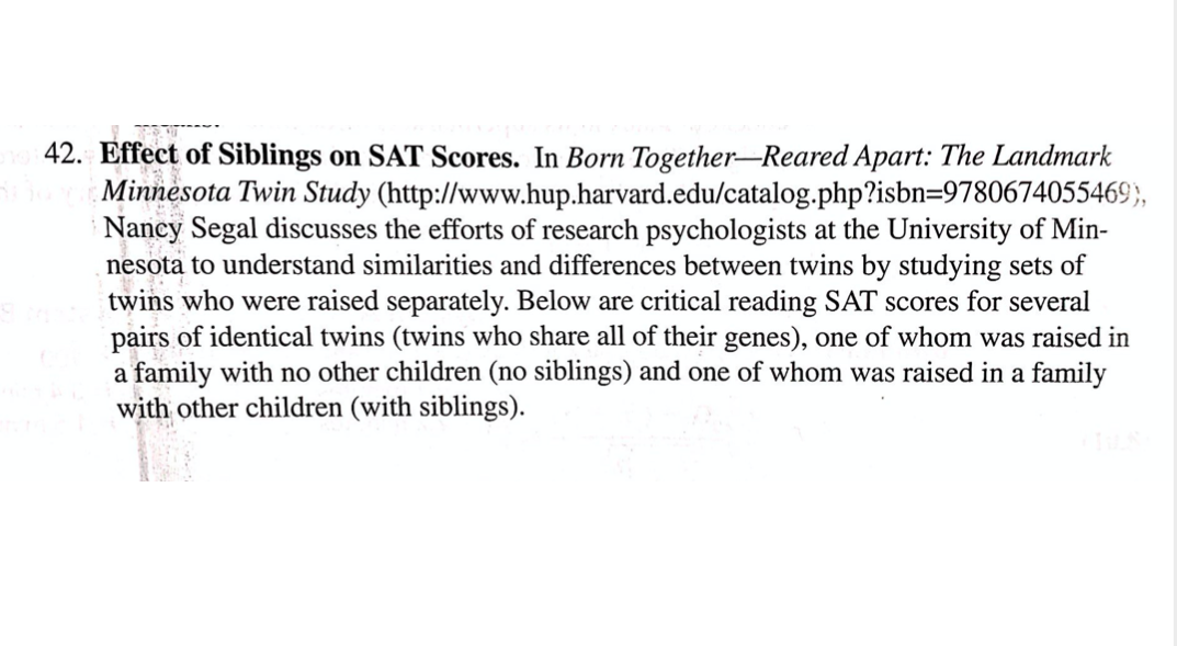 Effect of Siblings on SAT Scores. In Born Together-Reared Apart: The Landmark
Minnesota Twin Study (http://www.hup.harvard.edu/catalog.php?isbn=9780674055469;,
Naney Segal discusses the efforts of research psychologists at the University of Min-
nesota to understand similarities and differences between twins by studying sets of
twins who were raised separately. Below are critical reading SAT scores for several
pairs of identical twins (twins who share all of their genes), one of whom was raised in
a family with no other children (no siblings) and one of whom was raised in a family
with other children (with siblings).
