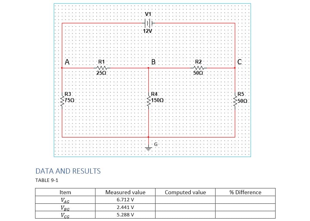 V1
12V
A
R1
В
R2
250
500
R3
R4
R5
750
1500
500
DATA AND RESULTS
TABLE 9-1
Item
Measured value
Computed value
% Difference
VAG
VRG
6.712 V
2.441 V
VcG
5.288 V
