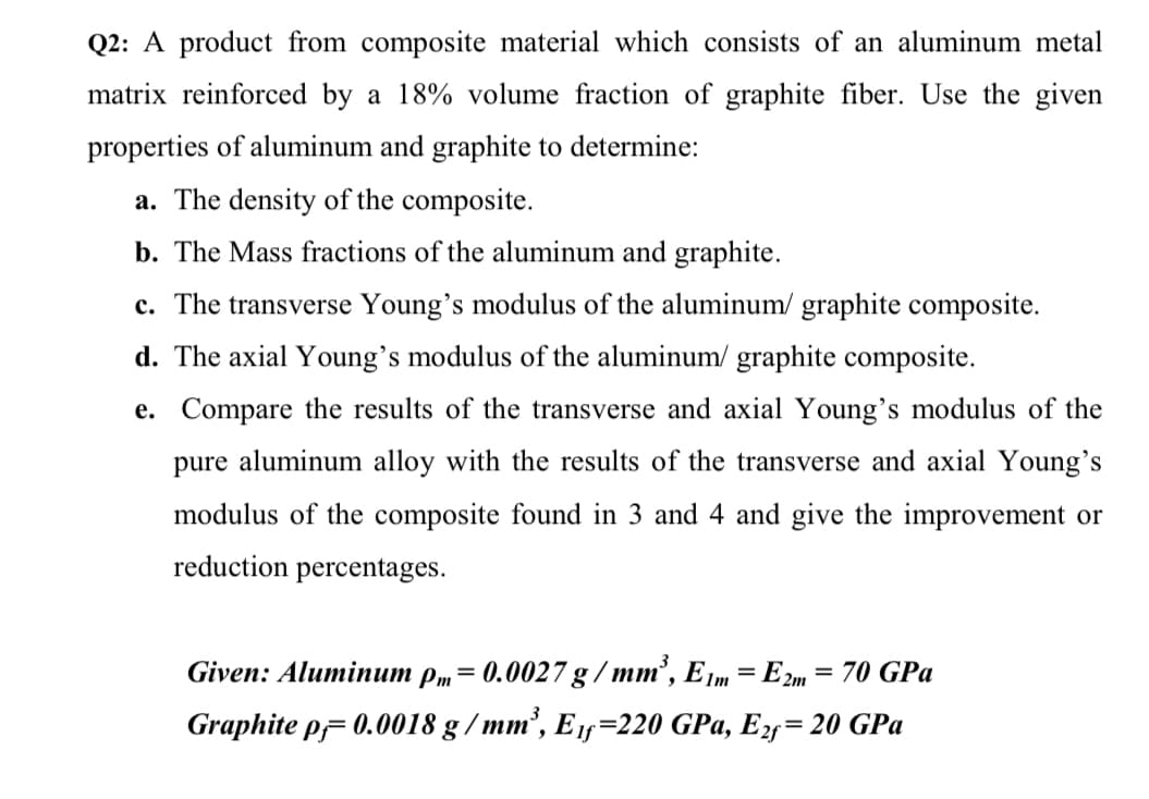 Q2: A product from composite material which consists of an aluminum metal
matrix reinforced by a 18% volume fraction of graphite fiber. Use the given
properties of aluminum and graphite to determine:
a. The density of the composite.
b. The Mass fractions of the aluminum and graphite.
c. The transverse Young's modulus of the aluminum/ graphite composite.
d. The axial Young's modulus of the aluminum/ graphite composite.
e. Compare the results of the transverse and axial Young's modulus of the
pure aluminum alloy with the results of the transverse and axial Young's
modulus of the composite found in 3 and 4 and give the improvement or
reduction percentages.
Given: Aluminum pm= 0.0027 g / mm², E1m = E 2m = 70 GPa
Graphite pF 0.0018 g / mm², E 1s=220 GPa, E2= 20 GPa
