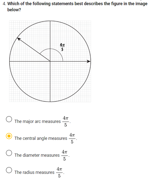 4. Which of the following statements best describes the figure in the image
below?
4π
5
The major arc measures
The central angle measures
The diameter measures
The radius measures
4T
5
4π
5
4π
5
4π
5