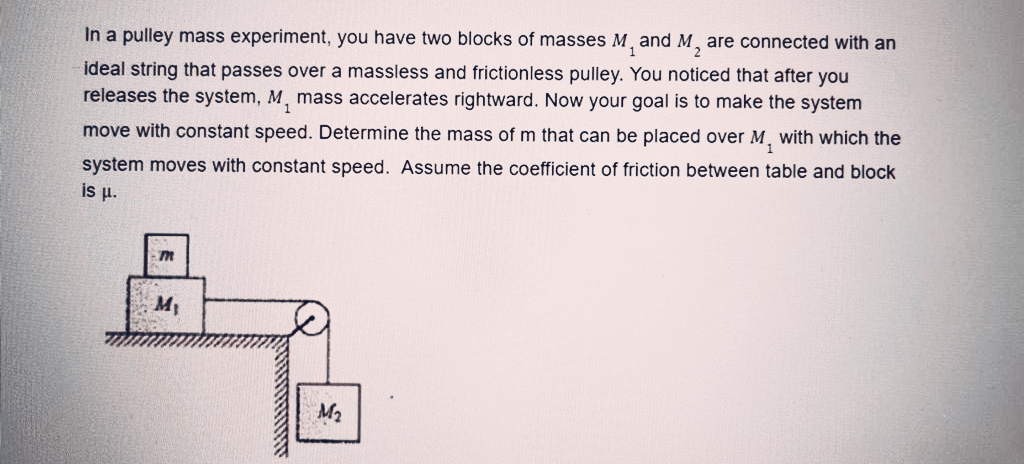 In a pulley mass experiment, you have two blocks of masses M₁ and M₂ are connected with an
ideal string that passes over a massless and frictionless pulley. You noticed that after you
releases the system, M, mass accelerates rightward. Now your goal is to make the system
move with constant speed. Determine the mass of m that can be placed over M, with which the
system moves with constant speed. Assume the coefficient of friction between table and block
is μ.
M₁
47
M2