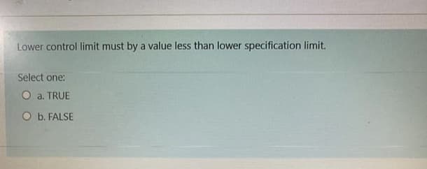 Lower control limit must by a value less than lower specification limit.
Select one:
O a. TRUE
O b. FALSE

