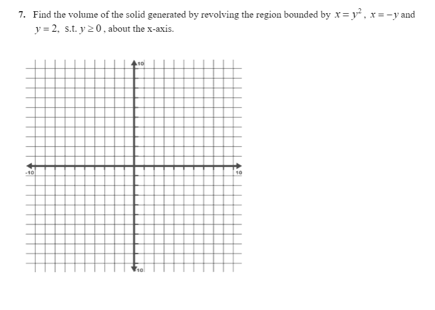 7. Find the volume of the solid generated by revolving the region bounded by x= y, x =-y and
y = 2, s.t. y 20, about the x-axis.
10
10
