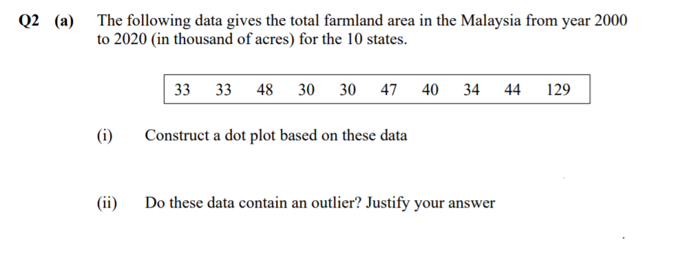 Q2 (а)
The following data gives the total farmland area in the Malaysia from year 2000
to 2020 (in thousand of acres) for the 10 states.
33
33
48
30
30
47
40
34
44
129
(i)
Construct a dot plot based on these data
(ii)
Do these data contain an outlier? Justify your answer
