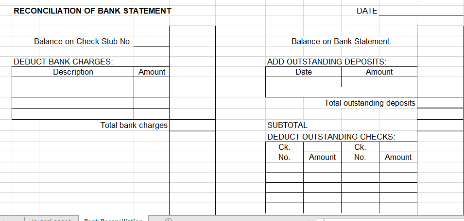 RECONCILIATION OF BANK STATEMENT
Balance on Check Stub No.
DEDUCT BANK CHARGES:
Description
Amount
Total bank charges
DATE
Balance on Bank Statement:
ADD OUTSTANDING DEPOSITS:
Date
Amount
Total outstanding deposits
SUBTOTAL
DEDUCT OUTSTANDING CHECKS:
Ck.
No.
Amount
Ck.
No.
Amount