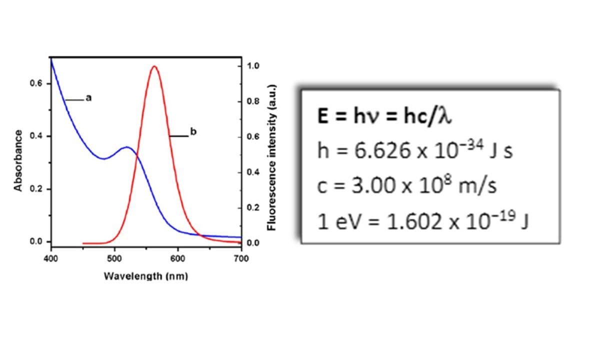 1.0
0.6
0.8
E = hv = hc/2
h = 6.626 x 10-34 J s
c = 3.00 x 108 m/s
0.4
0.6
0.4
0.2 -
0.2
1 eV = 1.602 x 10-19 j
0.0
0.0
400
500
600
700
Wavelength (nm)
Absorbance
Fluorescence intensity (a.u.)
