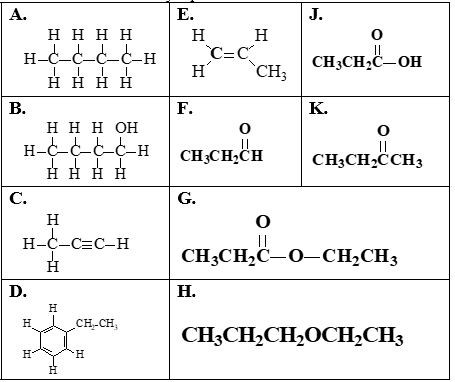 А.
Е.
J.
нннн
н
C=C
H
H
H-C-C_c_c_H
нннн
CH3CH2C–OH
`CH3
В.
F.
К.
нннон
H-C-C-C-C-H
H H H H
CH,CH,CH
||
CH3CH2CCH3
С.
G.
H
Н-С-С-С-Н
H
CH;CH,C–O-CH,CH3
D.
Н.
H
H
CH-CH;
CH3CH,CH,OCH2CH3
H
H-
