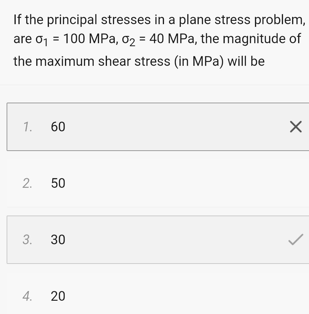 If the principal stresses in a plane stress problem,
are σ₁ = 100 MPa, 0₂ = 40 MPa, the magnitude of
the maximum shear stress (in MPa) will be
1.
60
2. 50
3. 30
4. 20
X