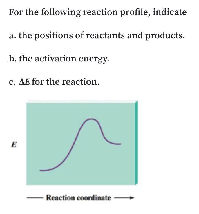 For the following reaction profile, indicate
a. the positions of reactants and products.
b. the activation energy.
c. AE for the reaction.
E
Reaction coordinate
