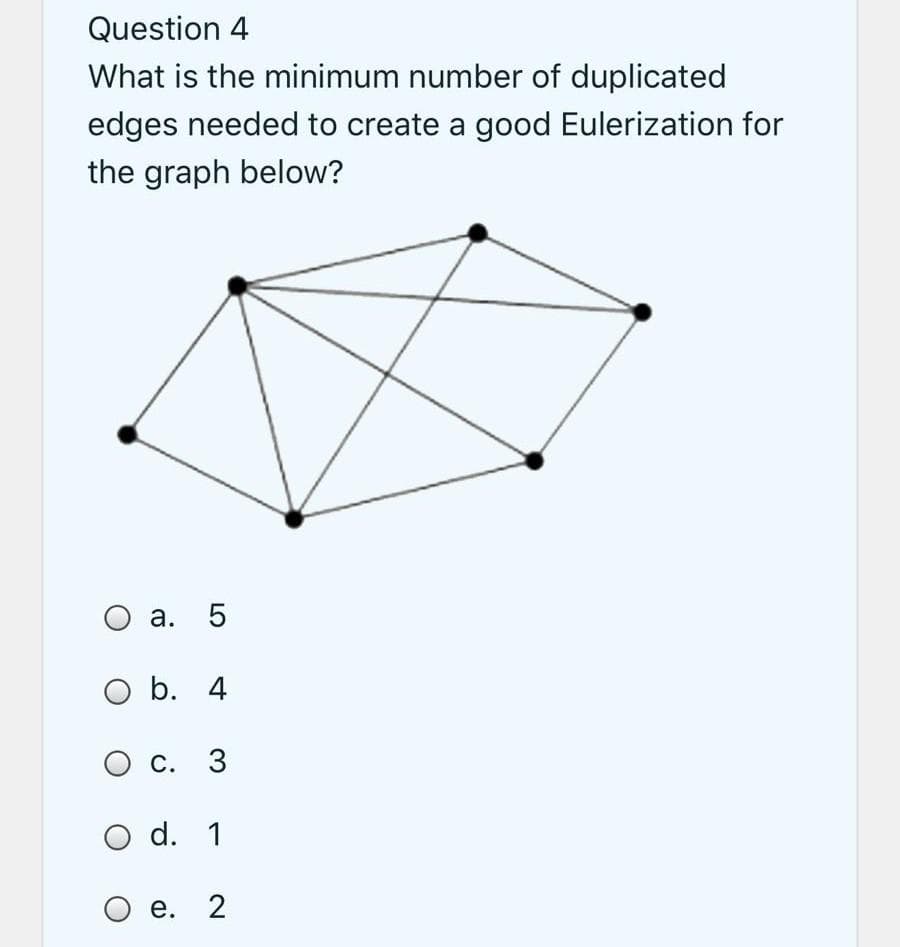 Question 4
What is the minimum number of duplicated
edges needed to create a good Eulerization for
the graph below?
O a. 5
O b. 4
С. 3
Ос.
O d. 1
Ое. 2
