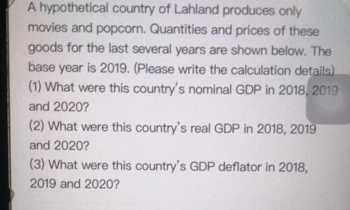 A hypothetical country of Lahland produces only
movies and popcorn. Quantities and prices of these
goods for the last several years are shown below. The
base year is 2019. (Please write the calculation details)
(1) What were this country's nominal GDP in 2018, 2019
and 2020?
(2) What were this country's real GDP in 2018, 2019
and 2020?
(3) What were this country's GDP deflator in 2018,
2019 and 2020?
