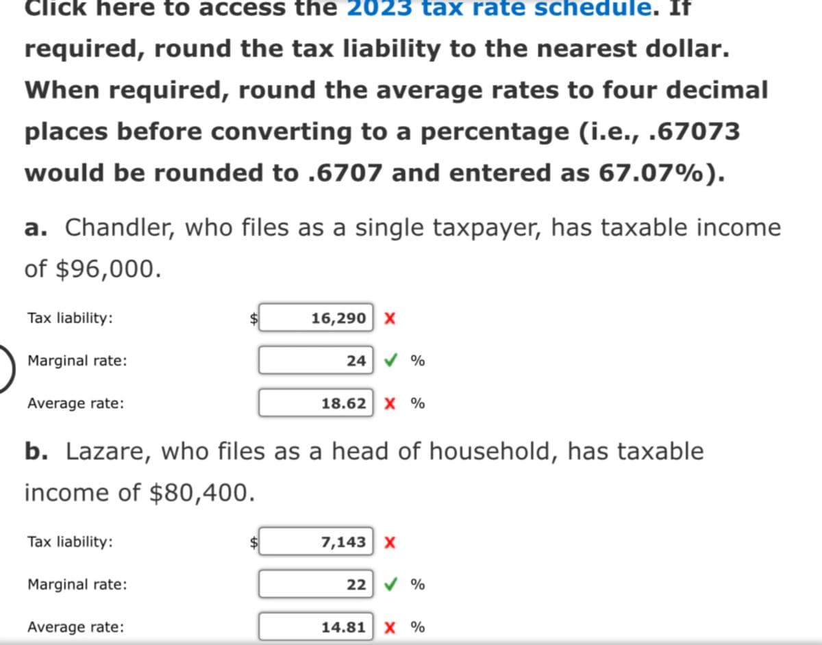 Click here to access the 2023 tax rate schedule. If
required, round the tax liability to the nearest dollar.
When required, round the average rates to four decimal
places before converting to a percentage (i.e., .67073
would be rounded to .6707 and entered as 67.07%).
a. Chandler, who files as a single taxpayer, has taxable income
of $96,000.
Tax liability:
Marginal rate:
Average rate:
tA
16,290 X
24 %
18.62 X %
b. Lazare, who files as a head of household, has taxable
income of $80,400.
Tax liability:
Marginal rate:
Average rate:
tA
7,143 X
22 %
14.81 X %