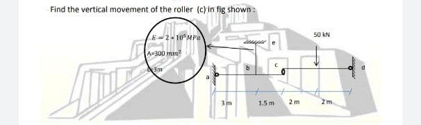 Find the vertical movement of the roller (c) in fig shown :
E= 2 10° MPa
50 kN
A300 mm?
3m
1.5 m
2 m
2 m
