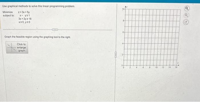 Use graphical methods to solve this linear programming problem.
Minimize
subject to:
z=3x + 5y
x- y21
3x+2yz 18
x20, y20
64113
Graph the feasible region using the graphing tool to the right.
Click to
enlarge
graph
10
12 14
S