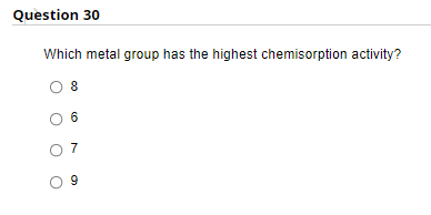 Question 30
Which metal group has the highest chemisorption activity?
8
6
07
09