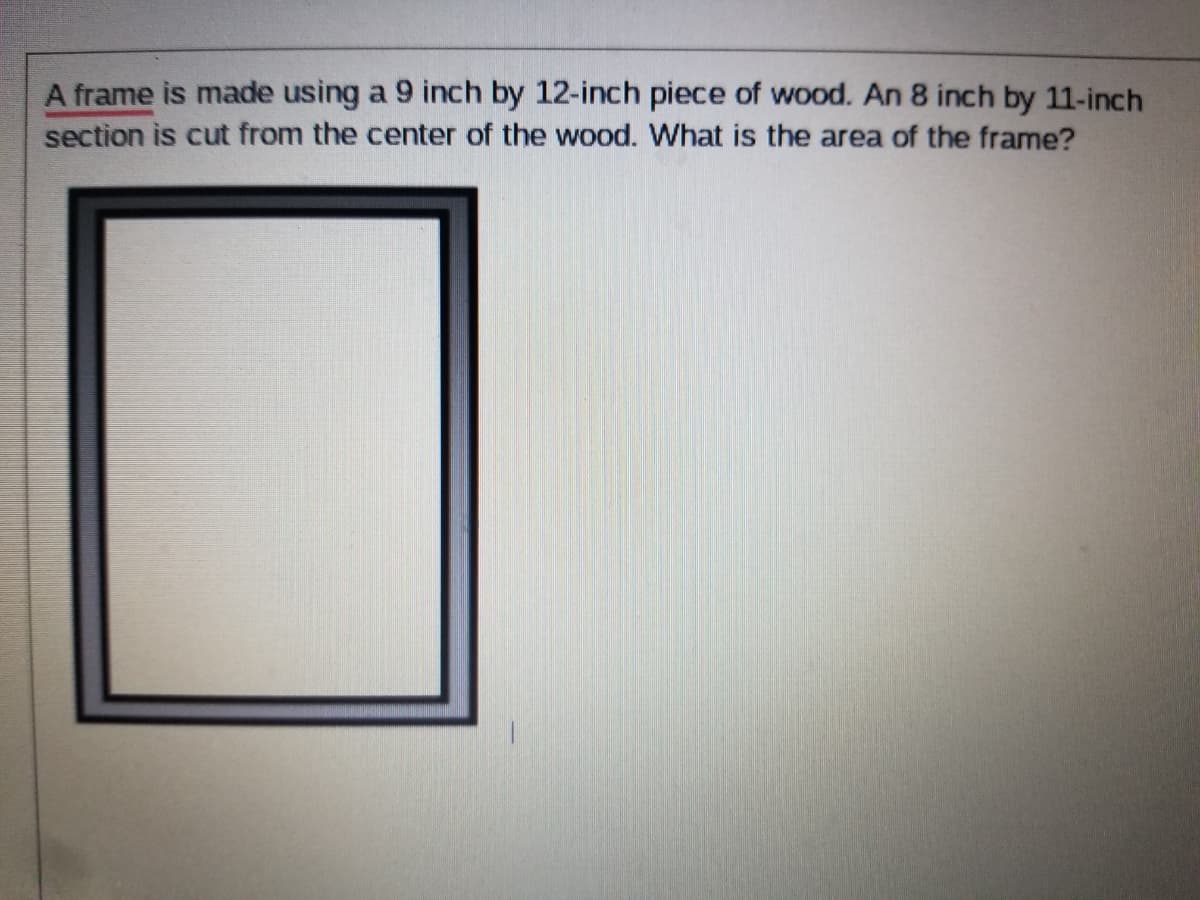 A frame is made using a 9 inch by 12-inch piece of wood. An 8 inch by 11-inch
section is cut from the center of the wood. What is the area of the frame?
