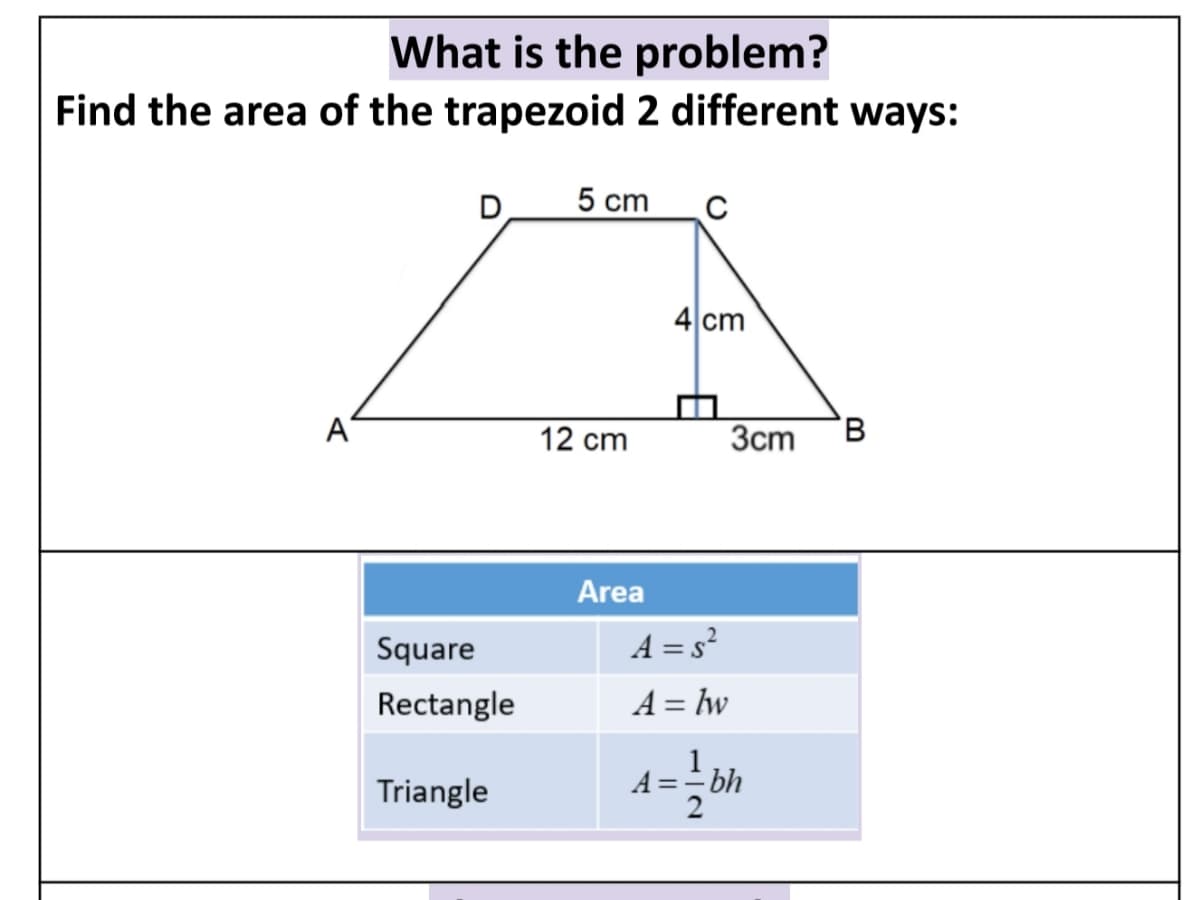 What is the problem?
Find the area of the trapezoid 2 different ways:
5 cm
4 cm
A
12 cm
Зст
Area
Square
A = s²
Rectangle
A = lw
Triangle
- bh
