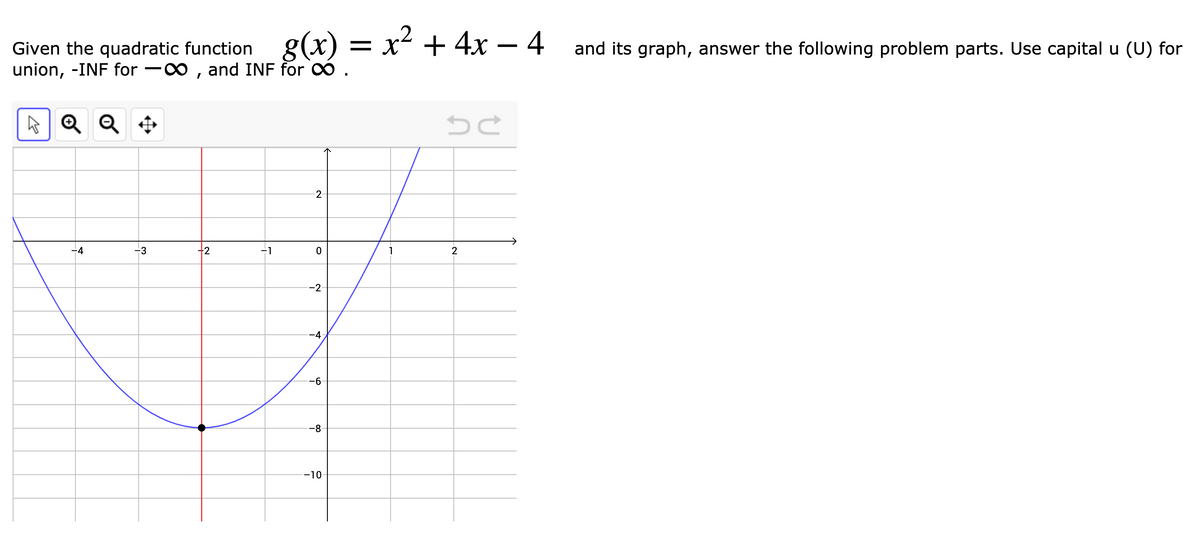 Given the quadratic function
union, -INF for -o , and INF for o .
g(x) =
x-+ 4x – 4 and its graph, answer the following problem parts. Use capital u (U) for
A Q Q +
-2
-4
-3
2
-1
1
-2
-4
-6
-8
-10
