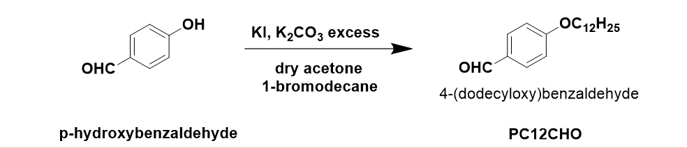 OHC
OH
p-hydroxybenzaldehyde
KI, K₂CO3 excess
dry acetone
1-bromodecane
OHC
OC 12H25
4-(dodecyloxy)benzaldehyde
PC12CHO