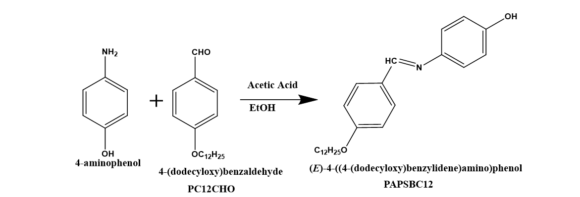 NH₂
CHO
Acetic Acid
င် ကို အ
+
EtOH
C12H25O
OH
OC12H25
4-aminophenol
4-(dodecyloxy)benzaldehyde
PC12CHO
HC
.OH
(E)-4-((4-(dodecyloxy)benzylidene)amino)phenol
PAPSBC12