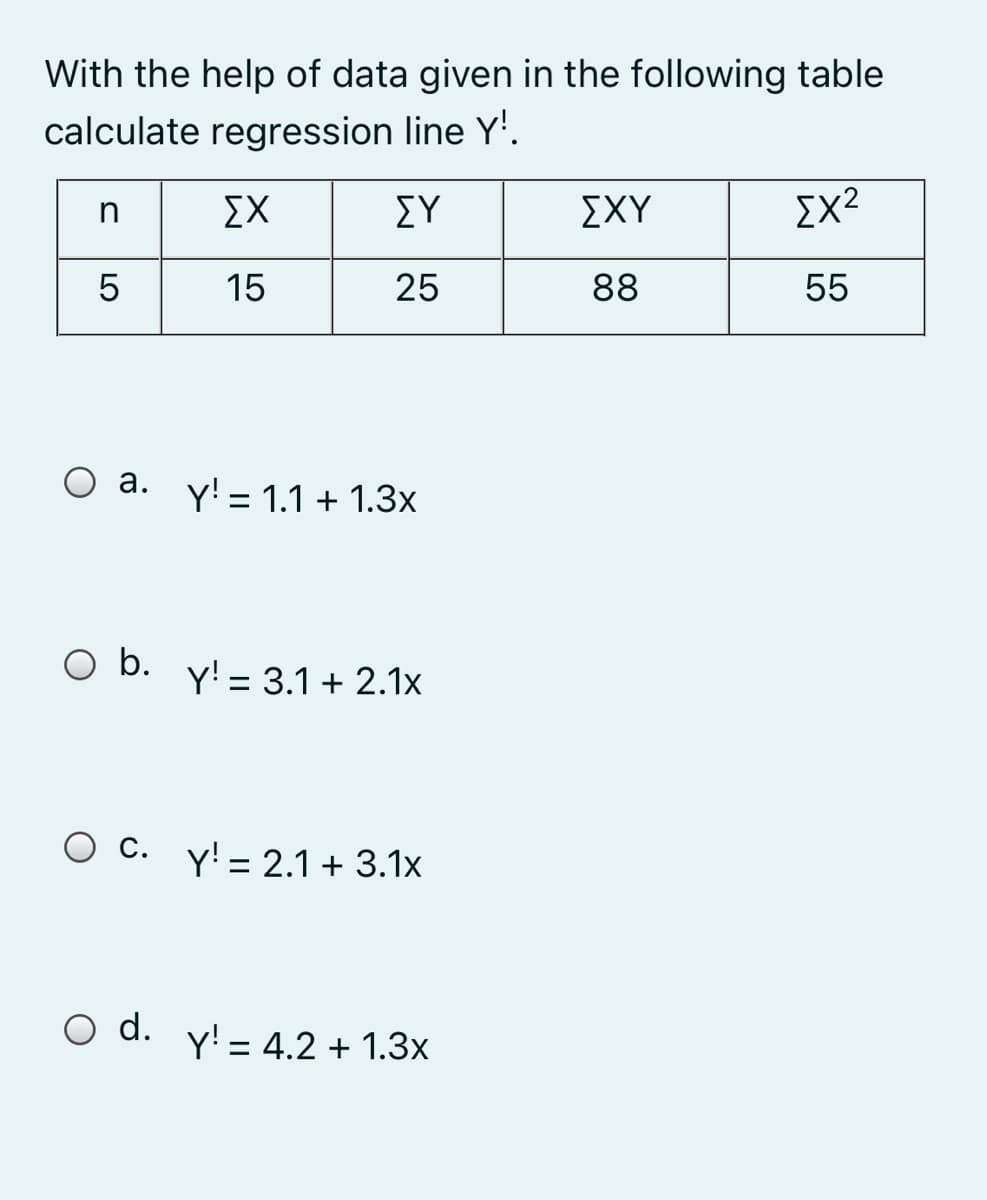 With the help of data given in the following table
calculate regression line Y'.
ΣΧ
ΣΥ
ΣΧΥ
Σχ2
15
25
88
55
O a. y! = 1.1 + 1.3x
Ob.
Y! = 3.1 + 2.1x
O c. y! = 2.1+ 3.1x
O d. y! = 4.2 + 1.3x
LO
