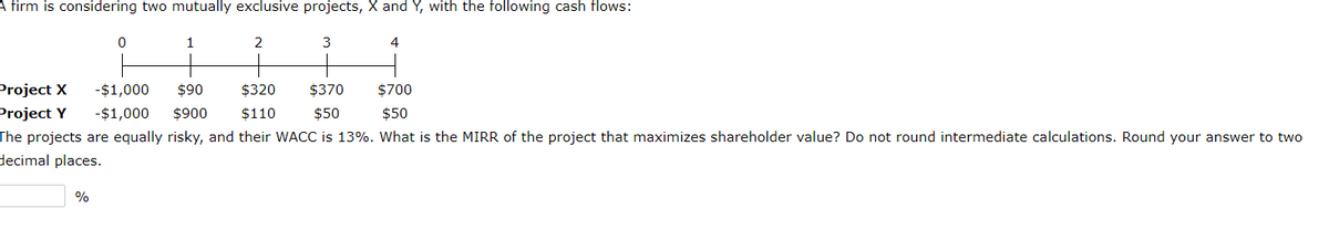 A firm is considering two mutually exclusive projects, X and Y, with the following cash flows:
1
3
4
Project X
-$1,000
$90
$320
$370
$700
Project Y
-$1,000
$900
$110
$50
$50
The projects are equally risky, and their WACC is 13%. What is the MIRR of the project that maximizes shareholder value? Do not round intermediate calculations. Round your answer to two
decimal places.
