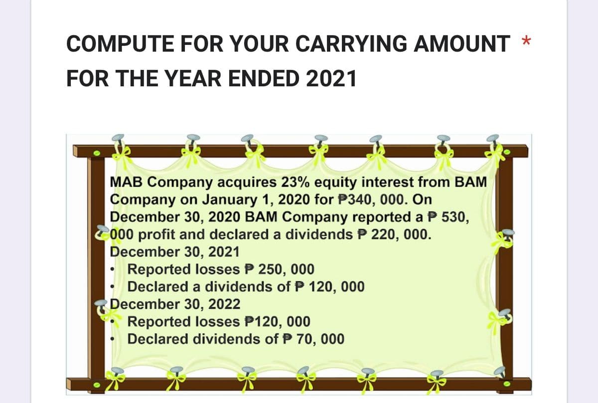 COMPUTE FOR YOUR CARRYING AMOUNT *
FOR THE YEAR ENDED 2021
MAB Company acquires 23% equity interest from BAM
Company on January 1, 2020 for $340, 000. On
December 30, 2020 BAM Company reported a P 530,
000 profit and declared a dividends P 220, 000.
December 30, 2021
Reported losses P 250, 000
Declared a dividends of P 120, 000
December 30, 2022
●
Reported losses $120, 000
Declared dividends of 70, 000