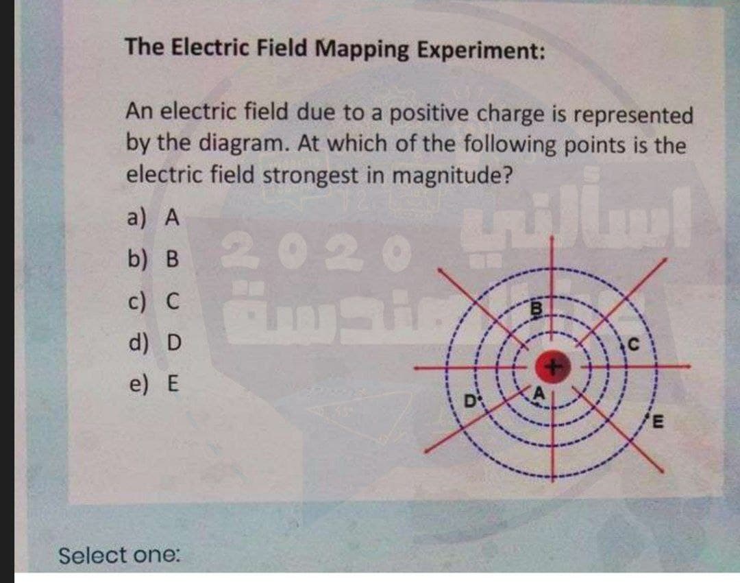 The Electric Field Mapping Experiment:
An electric field due to a positive charge is represented
by the diagram. At which of the following points is the
electric field strongest in magnitude?
a) A
b) B 2020
c) C
d) D
e) E
Select one:
