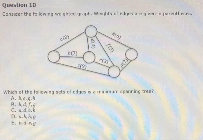Question 10
Consider the following weighted graph. Weights of edges are given in parentheses.
h(6)
a(8)
b(7)
е (3)
(9)
Which of the following sets of edges is a minimum spanning tree?
A. b, e.g.h
B. b,d, f.g
C. a, d, e, h
D. a,b, h,g
E. b, d, e,g
f(5)
d(4)
g(2)
